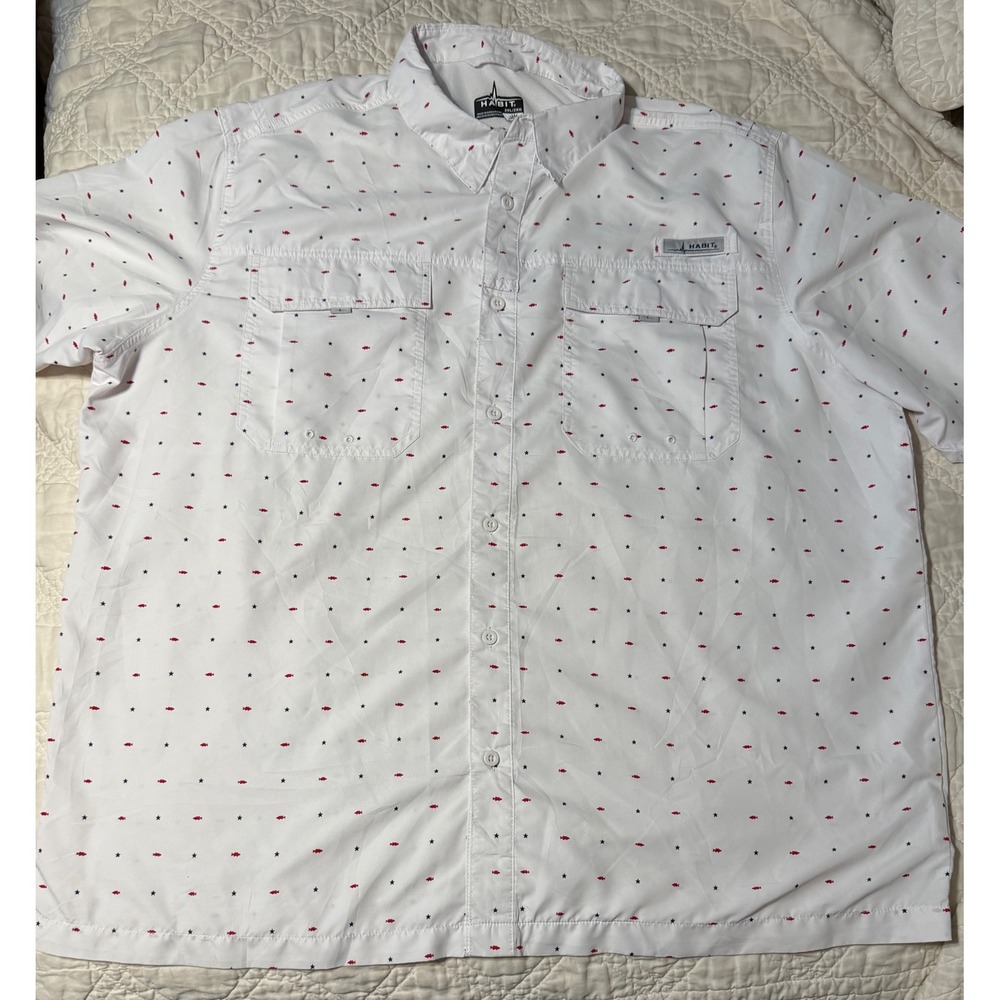 Habit Fishing Shirt Mens 2XL White Fish Star UPF 40+ Short Sleeve button
